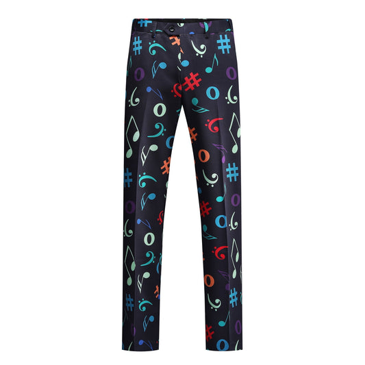 Black # Men's slim fit 2-piece music notes printed suit with notch lapel and single-breasted closure, black novelty print blazer jacket with matching trousers, creative musical note pattern formal wear for party, prom, wedding and daily wear, isolated on white background.