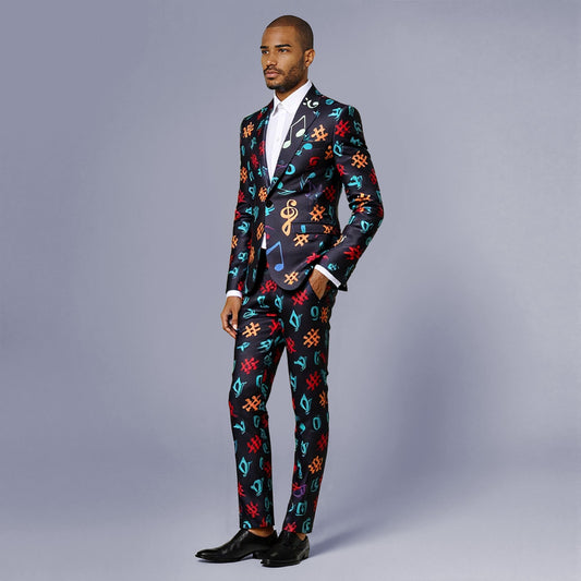 Black # Men's slim fit 2-piece music notes printed suit with notch lapel and single-breasted closure, black novelty print blazer jacket with matching trousers, creative musical note pattern formal wear for party, prom, wedding and daily wear, isolated on white background.