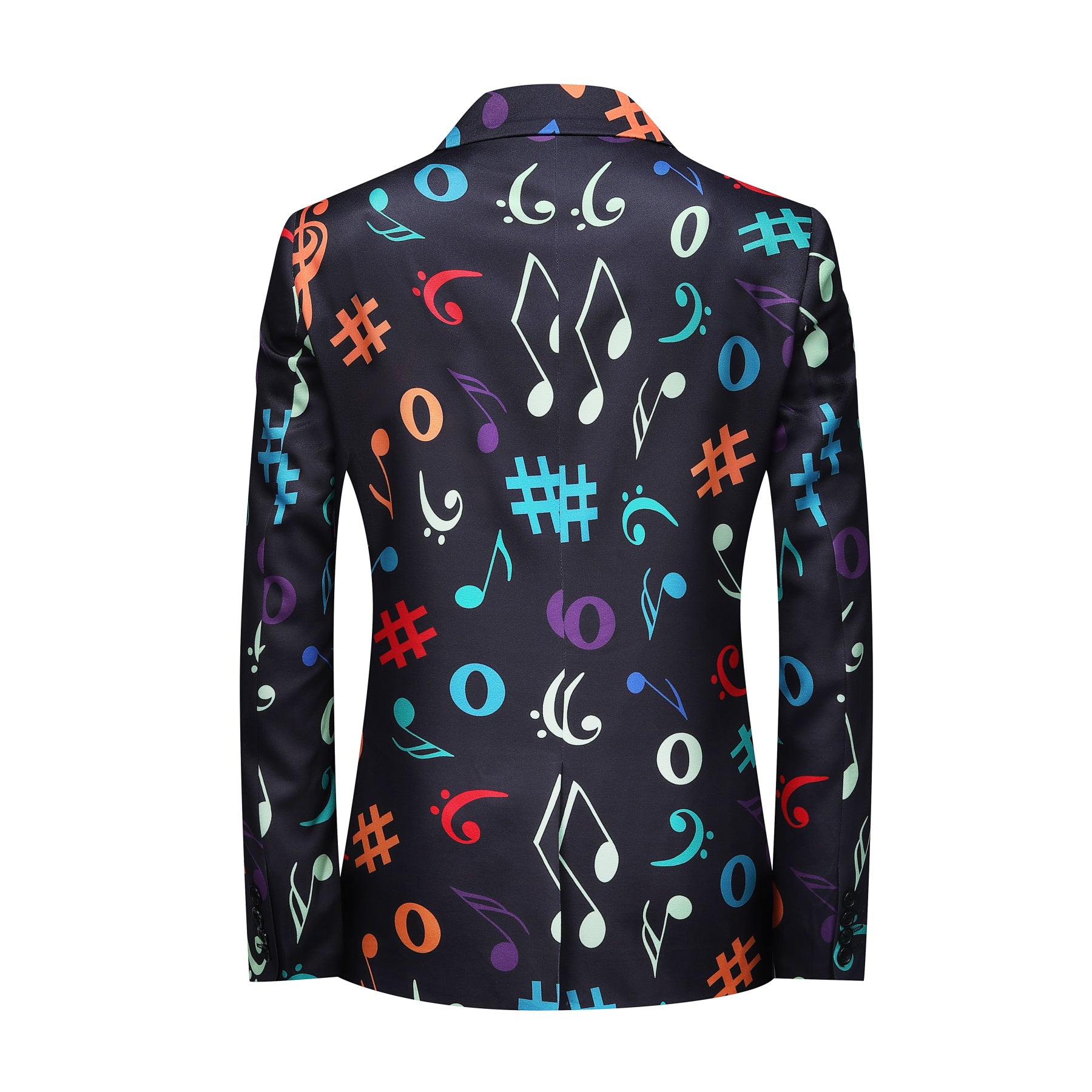Black # Men's one-button musical note pattern printed blazer, single-breasted notch lapel sport coat with novelty music symbol print, cotton-poly blend jacket with back vent and three-button cuffs for party, concert, wedding and daily wear, isolated on white background.