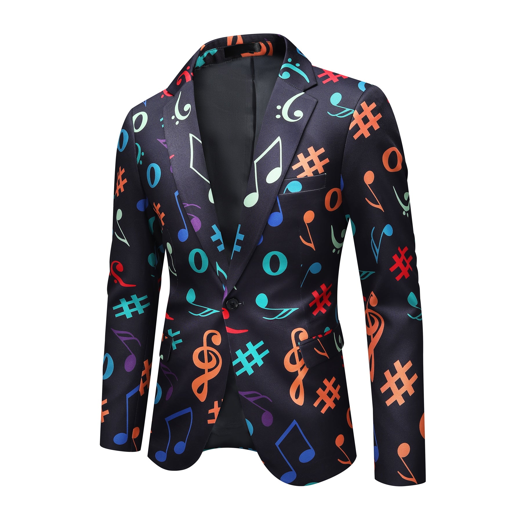 Black # Men's one-button musical note pattern printed blazer, single-breasted notch lapel sport coat with novelty music symbol print, cotton-poly blend jacket with back vent and three-button cuffs for party, concert, wedding and daily wear, isolated on white background.
