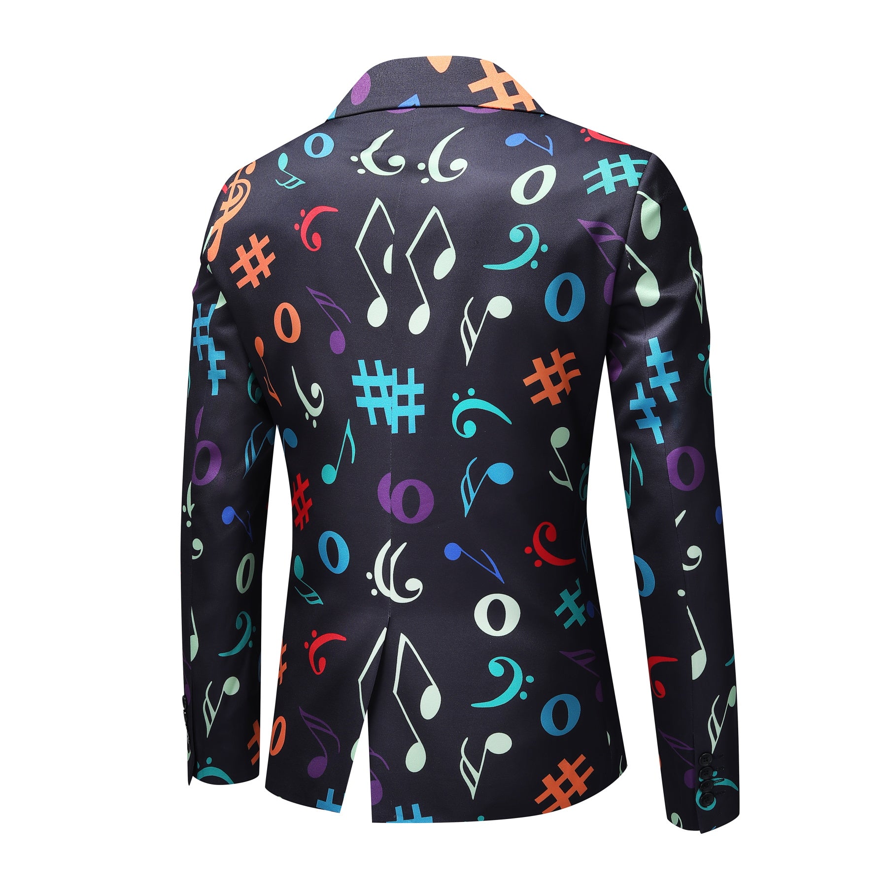 Black # Men's one-button musical note pattern printed blazer, single-breasted notch lapel sport coat with novelty music symbol print, cotton-poly blend jacket with back vent and three-button cuffs for party, concert, wedding and daily wear, isolated on white background.