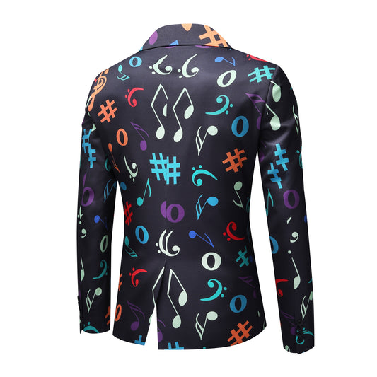 Black # Men's one-button musical note pattern printed blazer, single-breasted notch lapel sport coat with novelty music symbol print, cotton-poly blend jacket with back vent and three-button cuffs for party, concert, wedding and daily wear, isolated on white background.