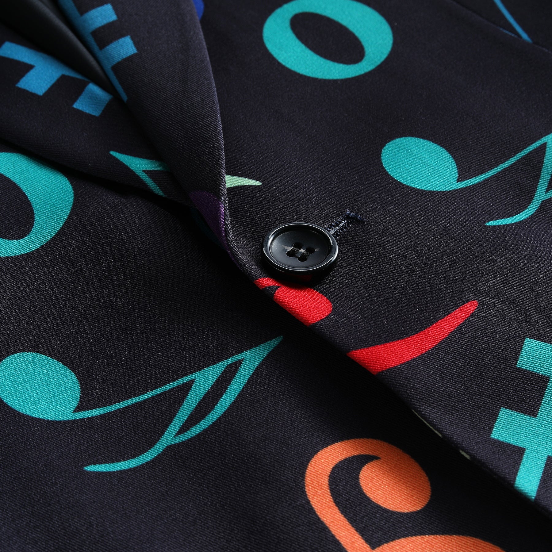 Black # Men's one-button musical note pattern printed blazer, single-breasted notch lapel sport coat with novelty music symbol print, cotton-poly blend jacket with back vent and three-button cuffs for party, concert, wedding and daily wear, isolated on white background.