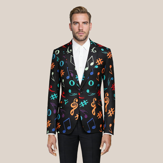 Black # Men's one-button musical note pattern printed blazer, single-breasted notch lapel sport coat with novelty music symbol print, cotton-poly blend jacket with back vent and three-button cuffs for party, concert, wedding and daily wear, isolated on white background.