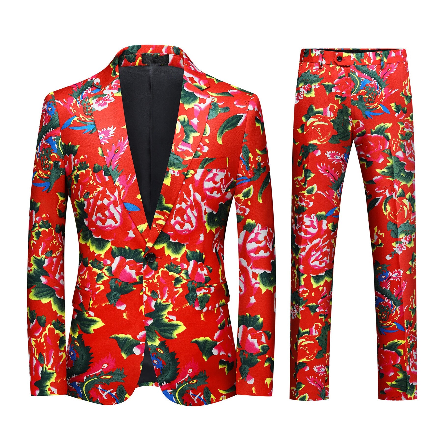 Red # Men's 2-piece big flower printed suit with notch lapel and single-breasted closure, red floral blazer jacket with matching trousers, comfortable high-quality fabric formal wear for party, wedding, prom and festive occasions, isolated on white background.