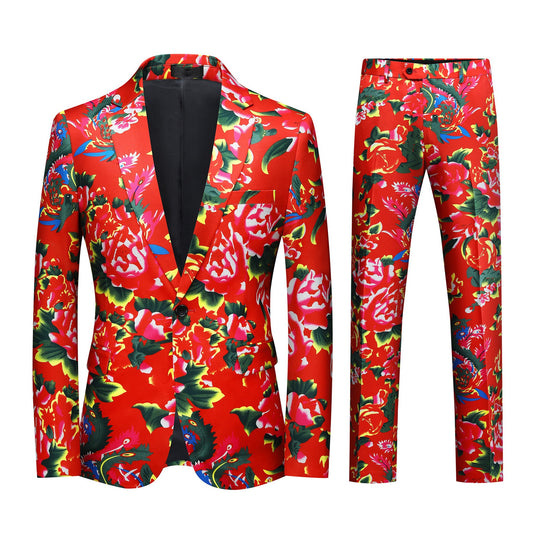 Red # Men's 2-piece big flower printed suit with notch lapel and single-breasted closure, red floral blazer jacket with matching trousers, comfortable high-quality fabric formal wear for party, wedding, prom and festive occasions, isolated on white background.