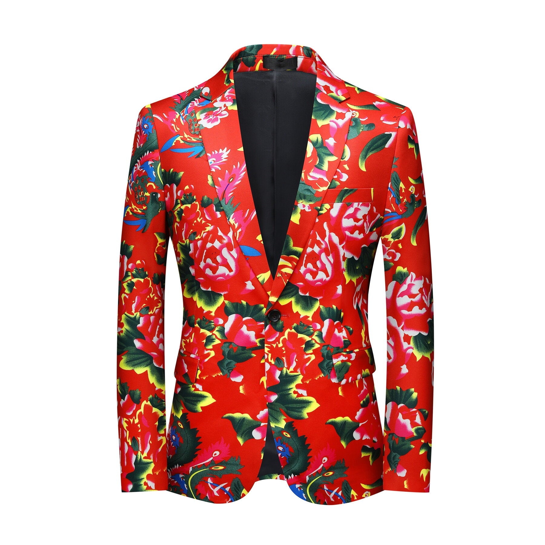 Red # Men's 2-piece big flower printed suit with notch lapel and single-breasted closure, red floral blazer jacket with matching trousers, comfortable high-quality fabric formal wear for party, wedding, prom and festive occasions, isolated on white background.