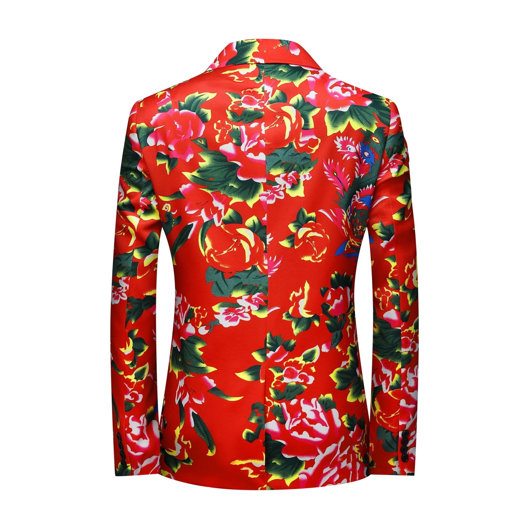 Red # Men's 2-piece big flower printed suit with notch lapel and single-breasted closure, red floral blazer jacket with matching trousers, comfortable high-quality fabric formal wear for party, wedding, prom and festive occasions, isolated on white background.