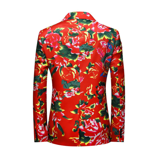Red # Men's 2-piece big flower printed suit with notch lapel and single-breasted closure, red floral blazer jacket with matching trousers, comfortable high-quality fabric formal wear for party, wedding, prom and festive occasions, isolated on white background.