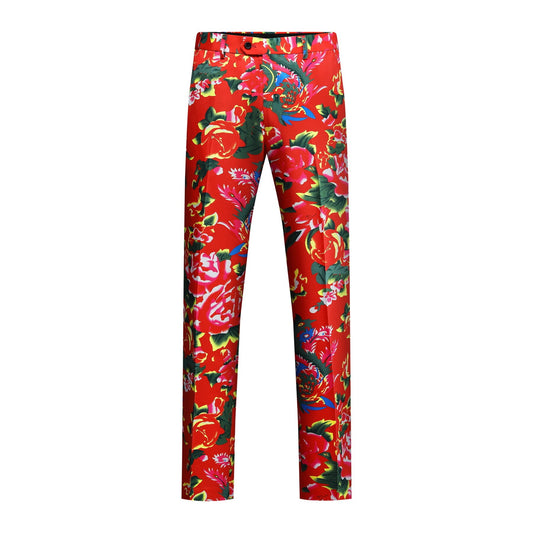 Red # Men's 2-piece big flower printed suit with notch lapel and single-breasted closure, red floral blazer jacket with matching trousers, comfortable high-quality fabric formal wear for party, wedding, prom and festive occasions, isolated on white background.