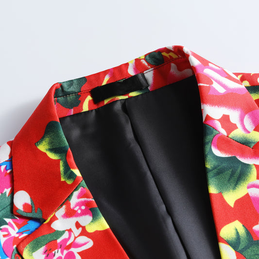 Red # Men's 2-piece big flower printed suit with notch lapel and single-breasted closure, red floral blazer jacket with matching trousers, comfortable high-quality fabric formal wear for party, wedding, prom and festive occasions, isolated on white background.