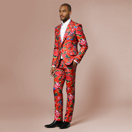 Red # Men's 2-piece big flower printed suit with notch lapel and single-breasted closure, red floral blazer jacket with matching trousers, comfortable high-quality fabric formal wear for party, wedding, prom and festive occasions, isolated on white background.