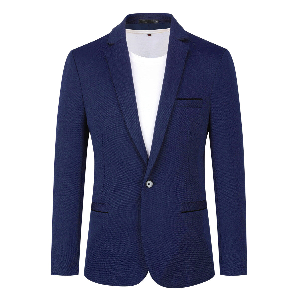 Dark Blue # Men's slim fit 1-button sport coat with notched lapel and single-breasted closure, dark blue business daily blazer with 4-button cuffs, padded shoulders, 2 side jet pockets and 1 inner pocket, lightweight breathable polyester suit jacket for business, office, wedding, prom and daily wear, isolated on white background.