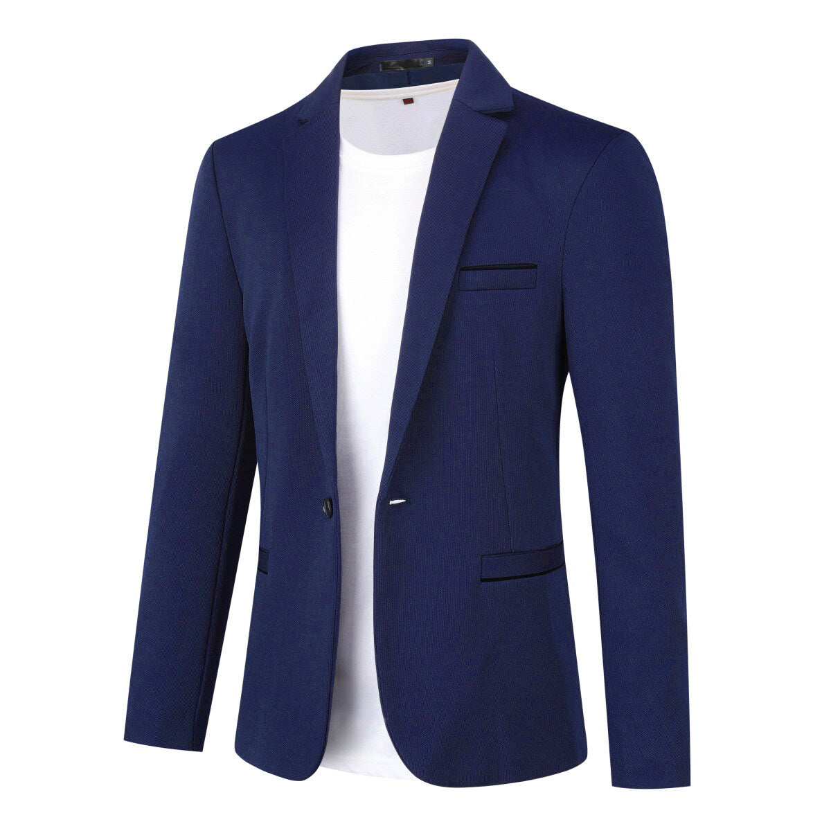Dark Blue # Men's slim fit 1-button sport coat with notched lapel and single-breasted closure, dark blue business daily blazer with 4-button cuffs, padded shoulders, 2 side jet pockets and 1 inner pocket, lightweight breathable polyester suit jacket for business, office, wedding, prom and daily wear, isolated on white background.