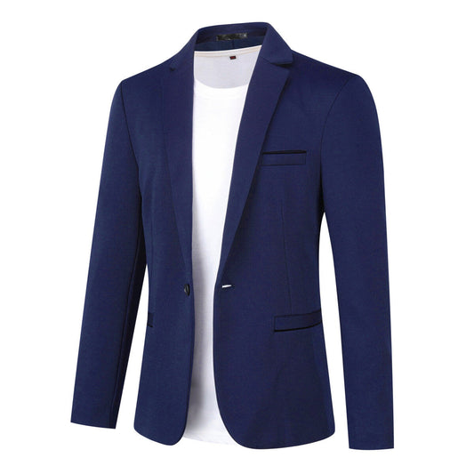 Dark Blue # Men's slim fit 1-button sport coat with notched lapel and single-breasted closure, dark blue business daily blazer with 4-button cuffs, padded shoulders, 2 side jet pockets and 1 inner pocket, lightweight breathable polyester suit jacket for business, office, wedding, prom and daily wear, isolated on white background.