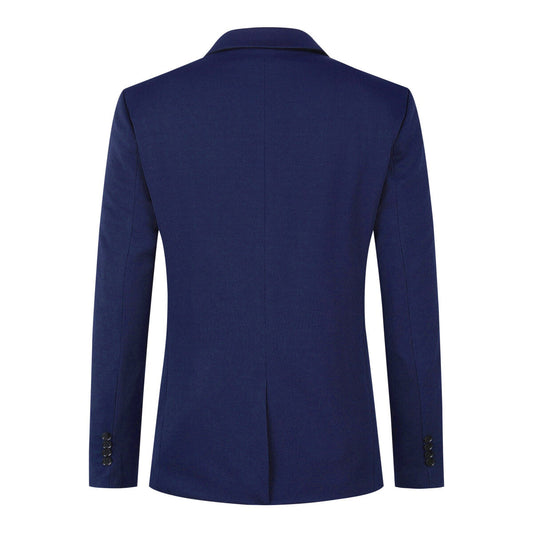 Dark Blue # Men's slim fit 1-button sport coat with notched lapel and single-breasted closure, dark blue business daily blazer with 4-button cuffs, padded shoulders, 2 side jet pockets and 1 inner pocket, lightweight breathable polyester suit jacket for business, office, wedding, prom and daily wear, isolated on white background.