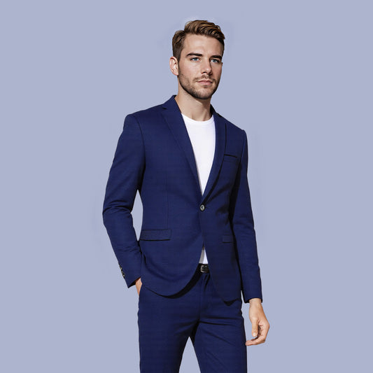 Dark Blue # Men's slim fit 1-button sport coat with notched lapel and single-breasted closure, dark blue business daily blazer with 4-button cuffs, padded shoulders, 2 side jet pockets and 1 inner pocket, lightweight breathable polyester suit jacket for business, office, wedding, prom and daily wear, isolated on white background.