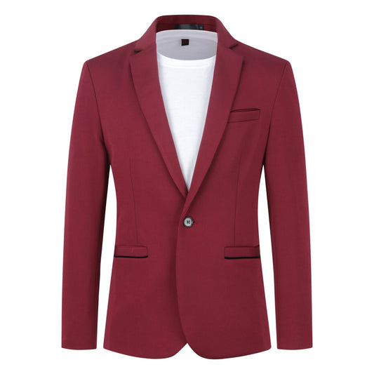 Red # Men's slim fit 1-button sport coat with notched lapel and single-breasted closure, red business daily blazer with 4-button cuffs, padded shoulders, 2 side jet pockets and 1 inner pocket, lightweight breathable polyester suit jacket for business, office, wedding, prom and daily wear, isolated on white background.
