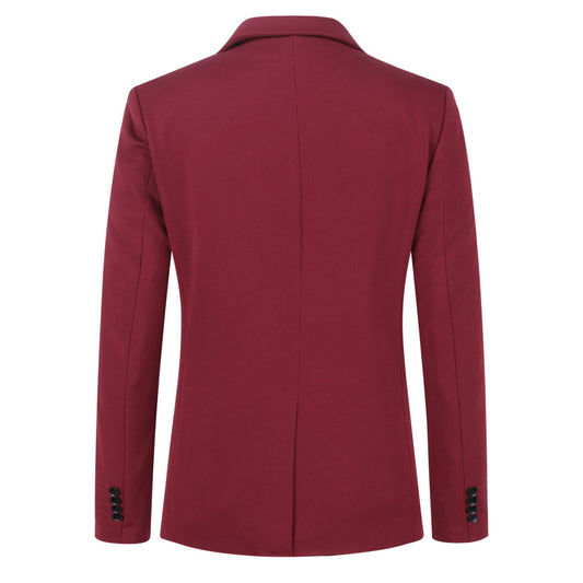 Red # Men's slim fit 1-button sport coat with notched lapel and single-breasted closure, red business daily blazer with 4-button cuffs, padded shoulders, 2 side jet pockets and 1 inner pocket, lightweight breathable polyester suit jacket for business, office, wedding, prom and daily wear, isolated on white background.