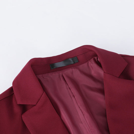 Red # Men's slim fit 1-button sport coat with notched lapel and single-breasted closure, red business daily blazer with 4-button cuffs, padded shoulders, 2 side jet pockets and 1 inner pocket, lightweight breathable polyester suit jacket for business, office, wedding, prom and daily wear, isolated on white background.