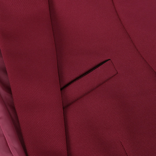 Red # Men's slim fit 1-button sport coat with notched lapel and single-breasted closure, red business daily blazer with 4-button cuffs, padded shoulders, 2 side jet pockets and 1 inner pocket, lightweight breathable polyester suit jacket for business, office, wedding, prom and daily wear, isolated on white background.