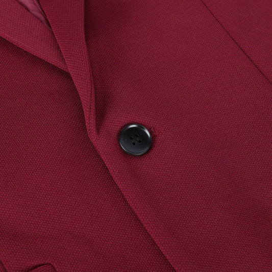 Red # Men's slim fit 1-button sport coat with notched lapel and single-breasted closure, red business daily blazer with 4-button cuffs, padded shoulders, 2 side jet pockets and 1 inner pocket, lightweight breathable polyester suit jacket for business, office, wedding, prom and daily wear, isolated on white background.
