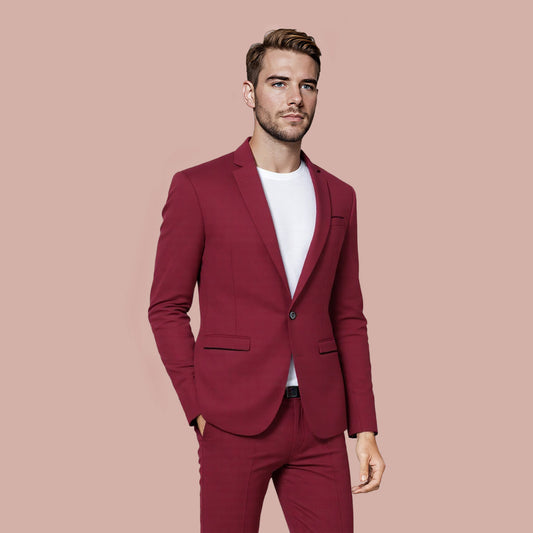 Red # Men's slim fit 1-button sport coat with notched lapel and single-breasted closure, red business daily blazer with 4-button cuffs, padded shoulders, 2 side jet pockets and 1 inner pocket, lightweight breathable polyester suit jacket for business, office, wedding, prom and daily wear, isolated on white background.