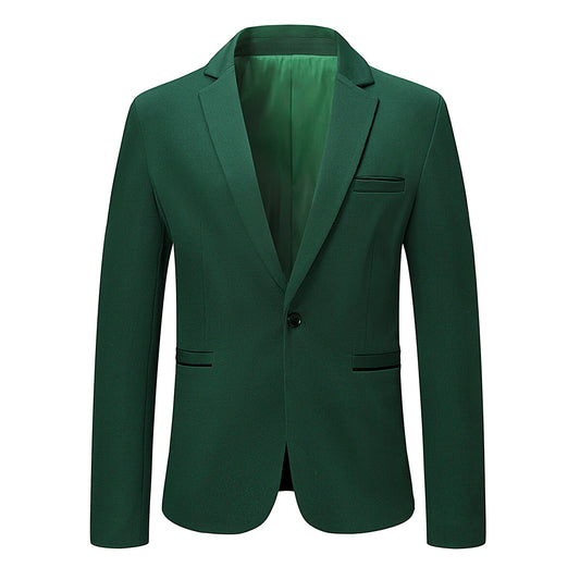 Green # Men's slim fit 1-button single-breasted business blazer with notched lapel and 4-button cuffs, lightweight solid green sport coat with fully lined polyester for office, business, wedding, party and daily wear, isolated on white background.