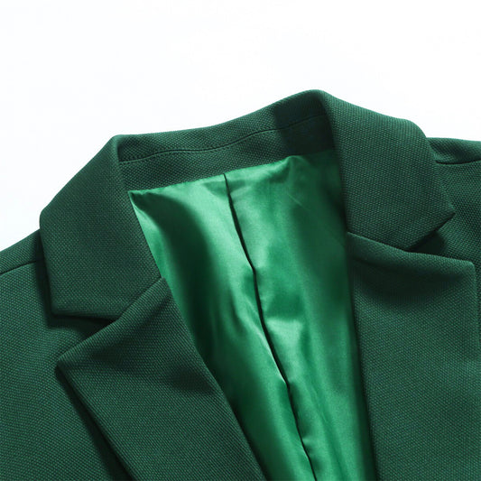 Green # Men's slim fit 1-button single-breasted business blazer with notched lapel and 4-button cuffs, lightweight solid green sport coat with fully lined polyester for office, business, wedding, party and daily wear, isolated on white background.