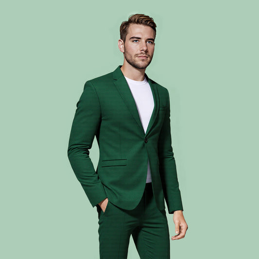 Green # Men's slim fit 1-button single-breasted business blazer with notched lapel and 4-button cuffs, lightweight solid green sport coat with fully lined polyester for office, business, wedding, party and daily wear, isolated on white background.