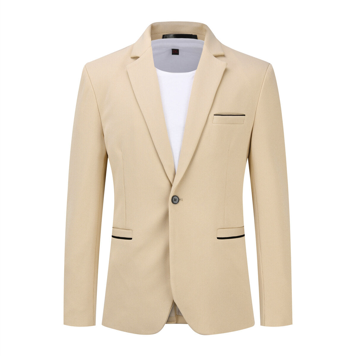 Khaki # Men's slim fit sport coat business daily blazer with notched lapel and 1-button single-breasted closure, khaki solid blazer jacket with 4-button cuffs and slightly padded shoulders, lightweight breathable polyester fully lined for business, office, wedding, party and daily wear, isolated on white background.