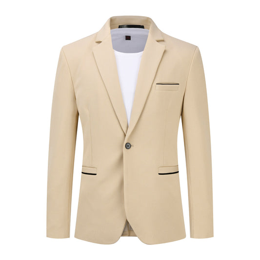 Khaki # Men's slim fit sport coat business daily blazer with notched lapel and 1-button single-breasted closure, khaki solid blazer jacket with 4-button cuffs and slightly padded shoulders, lightweight breathable polyester fully lined for business, office, wedding, party and daily wear, isolated on white background.
