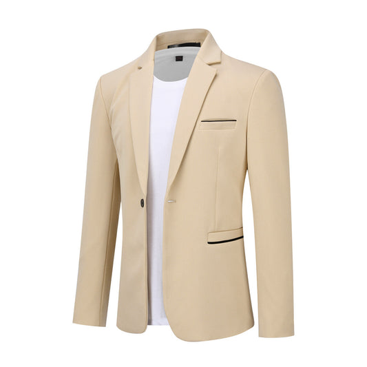 Khaki # Men's slim fit sport coat business daily blazer with notched lapel and 1-button single-breasted closure, khaki solid blazer jacket with 4-button cuffs and slightly padded shoulders, lightweight breathable polyester fully lined for business, office, wedding, party and daily wear, isolated on white background.