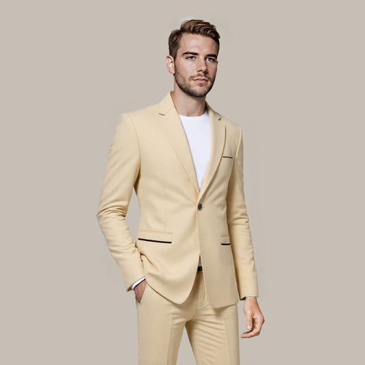 Khaki # Men's slim fit sport coat business daily blazer with notched lapel and 1-button single-breasted closure, khaki solid blazer jacket with 4-button cuffs and slightly padded shoulders, lightweight breathable polyester fully lined for business, office, wedding, party and daily wear, isolated on white background.
