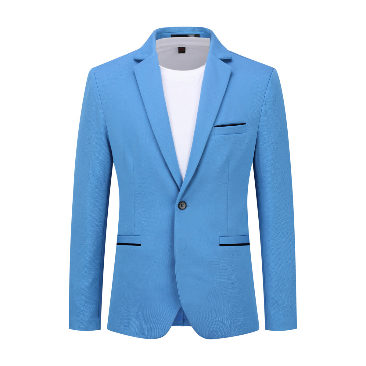 Sky Blue # Men's slim fit sport coat business daily blazer with notched lapel and 1-button single-breasted closure, sky blue lightweight jacket with 4-button cuffs and slightly padded shoulders for office, business, wedding, party and daily wear, isolated on white background.