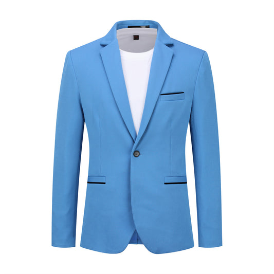 Sky Blue # Men's slim fit sport coat business daily blazer with notched lapel and 1-button single-breasted closure, sky blue lightweight jacket with 4-button cuffs and slightly padded shoulders for office, business, wedding, party and daily wear, isolated on white background.