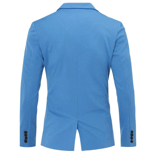 Sky Blue # Men's slim fit sport coat business daily blazer with notched lapel and 1-button single-breasted closure, sky blue lightweight jacket with 4-button cuffs and slightly padded shoulders for office, business, wedding, party and daily wear, isolated on white background.