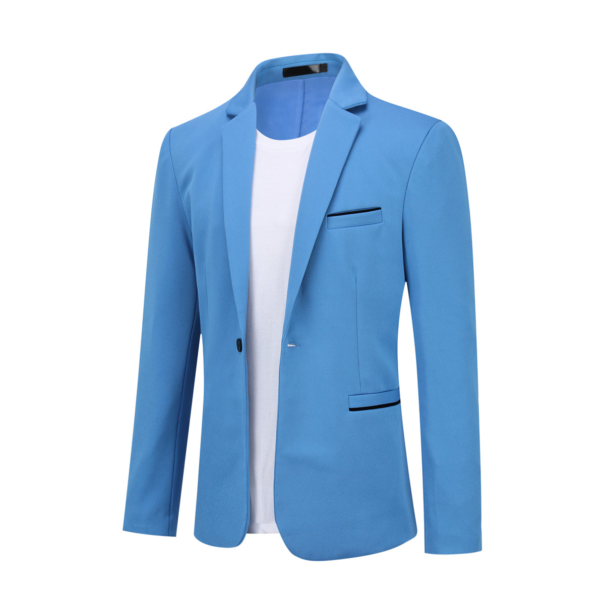 Sky Blue # Men's slim fit sport coat business daily blazer with notched lapel and 1-button single-breasted closure, sky blue lightweight jacket with 4-button cuffs and slightly padded shoulders for office, business, wedding, party and daily wear, isolated on white background.
