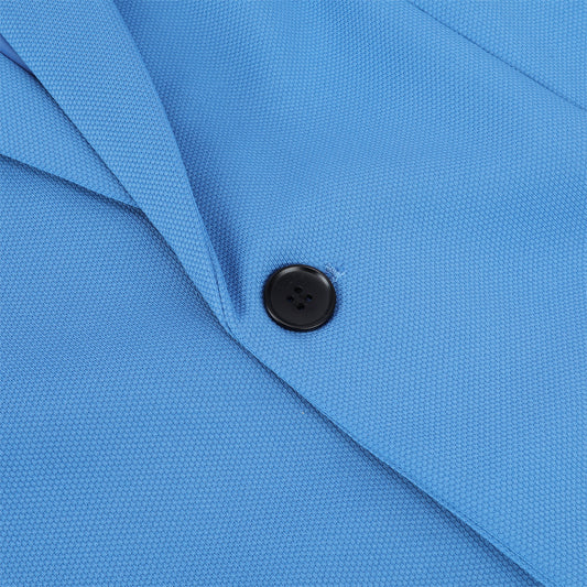 Sky Blue # Men's slim fit sport coat business daily blazer with notched lapel and 1-button single-breasted closure, sky blue lightweight jacket with 4-button cuffs and slightly padded shoulders for office, business, wedding, party and daily wear, isolated on white background.