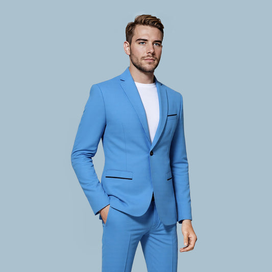 Sky Blue # Men's slim fit sport coat business daily blazer with notched lapel and 1-button single-breasted closure, sky blue lightweight jacket with 4-button cuffs and slightly padded shoulders for office, business, wedding, party and daily wear, isolated on white background.