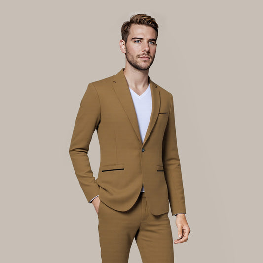 Coffee # Men's slim fit notched lapel single-breasted suit jacket with one-button closure and four-button cuffs, solid coffee blazer with full lining and lightweight breathable polyester fabric, slightly padded shoulders for business, office, wedding, party and daily wear, isolated on white background.