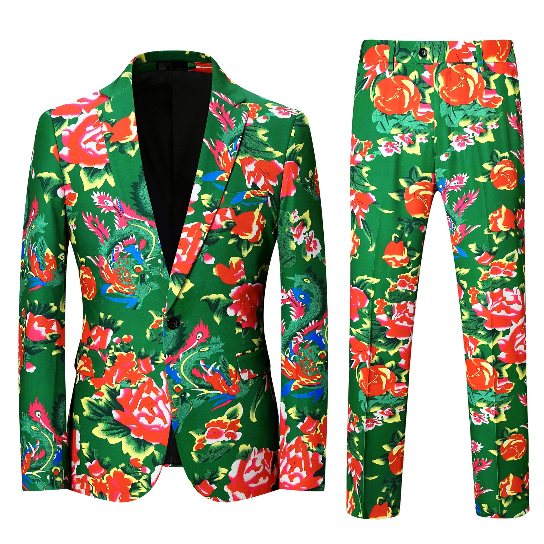 Green # Men's slim fit 2-piece big flower printed suit with notched lapel and single-breasted closure, vibrant green floral pattern blazer jacket with matching trousers for party, wedding, prom, date and special occasions, isolated on white background.