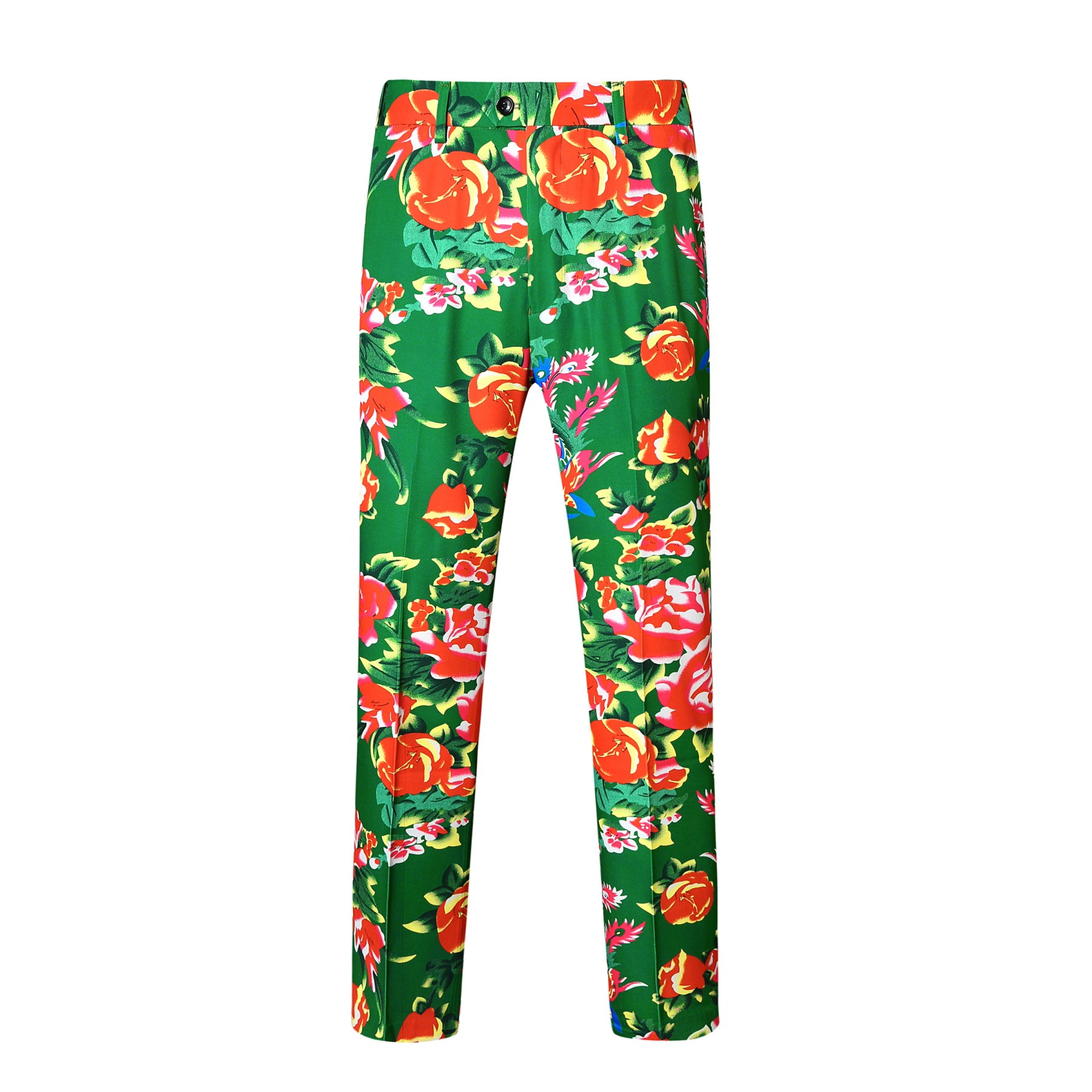 Green # Men's slim fit 2-piece big flower printed suit with notched lapel and single-breasted closure, vibrant green floral pattern blazer jacket with matching trousers for party, wedding, prom, date and special occasions, isolated on white background.