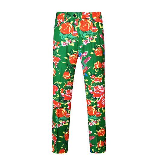 Green # Men's slim fit 2-piece big flower printed suit with notched lapel and single-breasted closure, vibrant green floral pattern blazer jacket with matching trousers for party, wedding, prom, date and special occasions, isolated on white background.