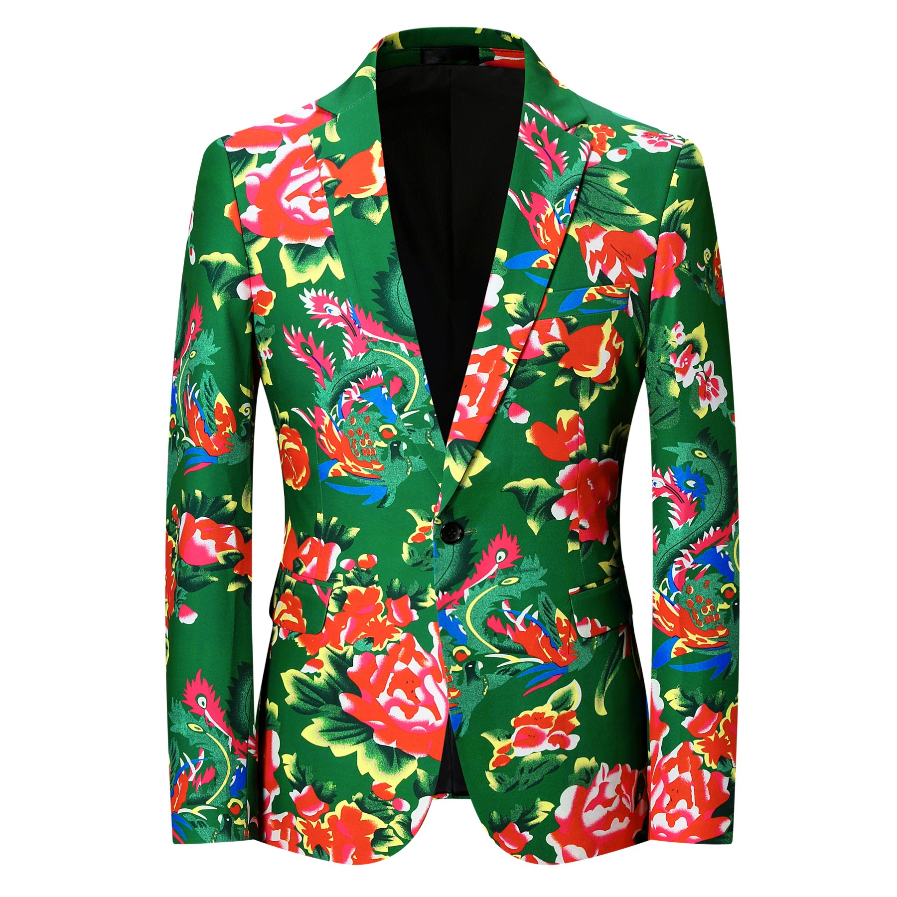 Green # Men's slim fit 2-piece big flower printed suit with notched lapel and single-breasted closure, vibrant green floral pattern blazer jacket with matching trousers for party, wedding, prom, date and special occasions, isolated on white background.