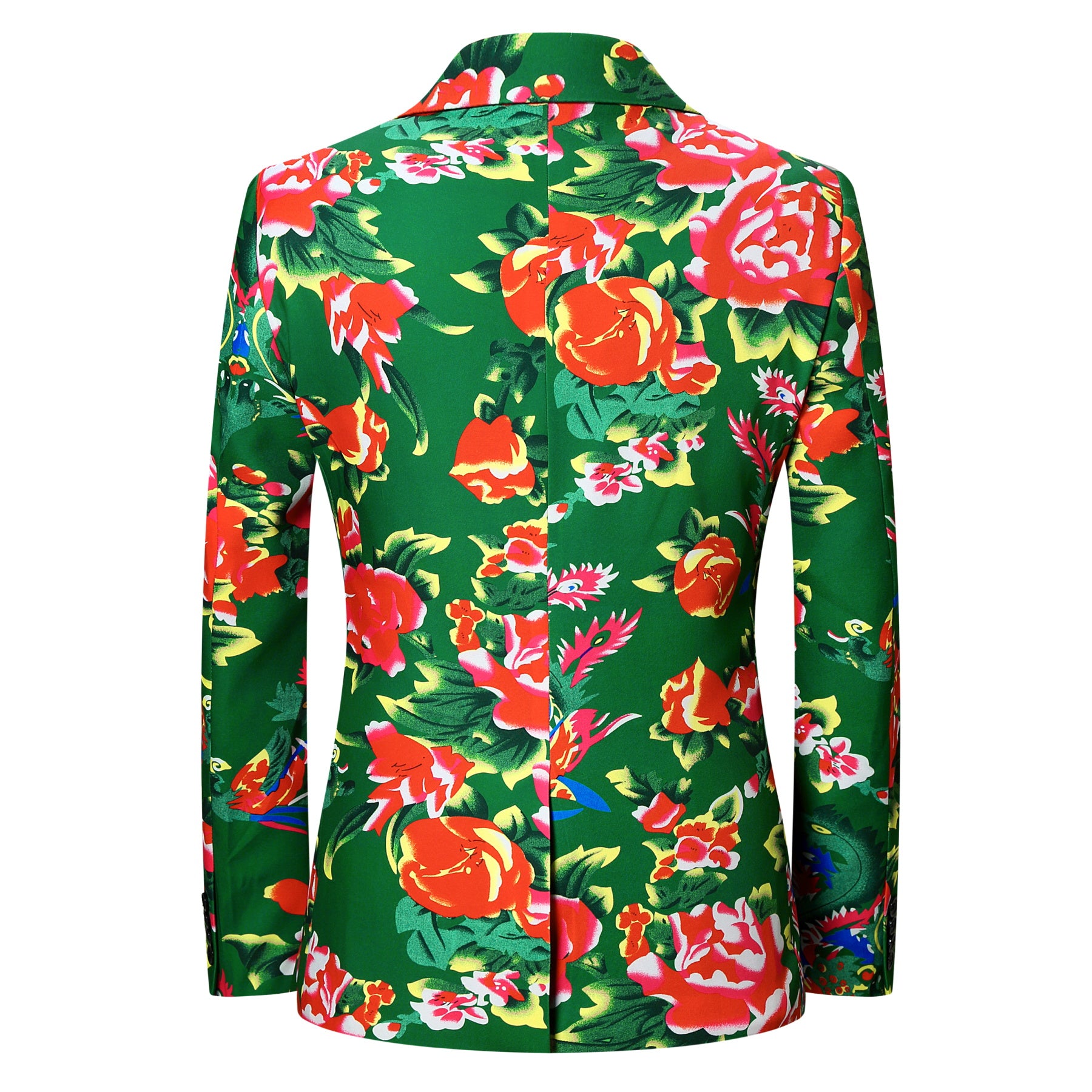Green # Men's slim fit 2-piece big flower printed suit with notched lapel and single-breasted closure, vibrant green floral pattern blazer jacket with matching trousers for party, wedding, prom, date and special occasions, isolated on white background.