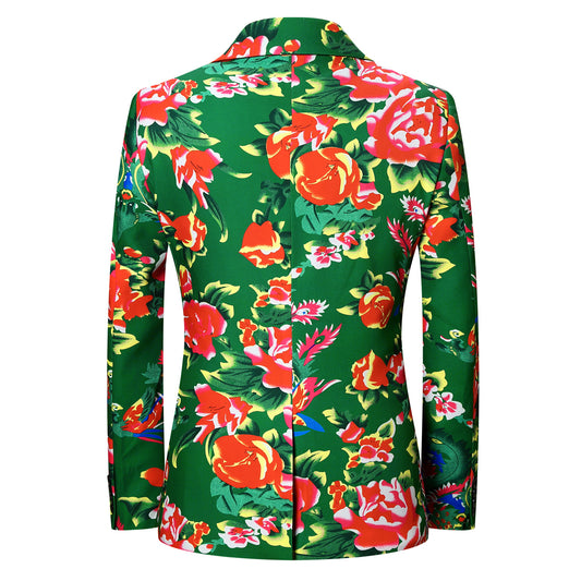 Green # Men's slim fit 2-piece big flower printed suit with notched lapel and single-breasted closure, vibrant green floral pattern blazer jacket with matching trousers for party, wedding, prom, date and special occasions, isolated on white background.