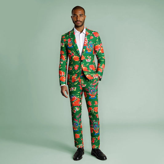 Green # Men's slim fit 2-piece big flower printed suit with notched lapel and single-breasted closure, vibrant green floral pattern blazer jacket with matching trousers for party, wedding, prom, date and special occasions, isolated on white background.