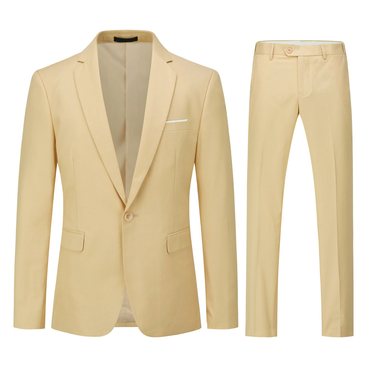 Pastel Yellow # Men's slim fit 2-piece suit with peaked lapel and simple elegant design, pastel yellow formal blazer jacket with four-button cuffs and matching flat-front trousers with extended waist strap for business, office, wedding and daily wear, isolated on white background.