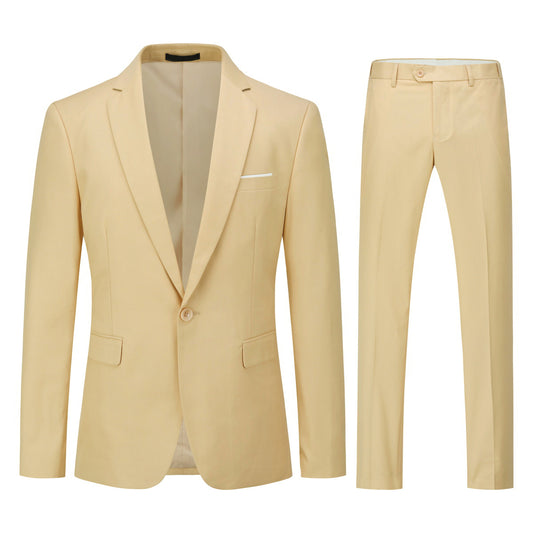 Pastel Yellow # Men's slim fit 2-piece suit with peaked lapel and simple elegant design, pastel yellow formal blazer jacket with four-button cuffs and matching flat-front trousers with extended waist strap for business, office, wedding and daily wear, isolated on white background.